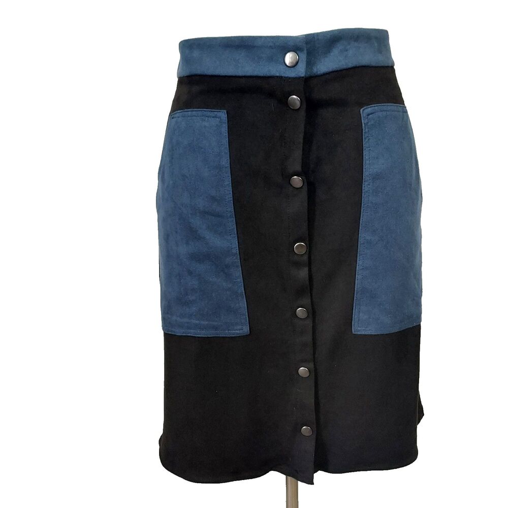 JOH Skirt Soft Faux Suede Size XL Snap Front Pockets Stretch Black Blue NWT